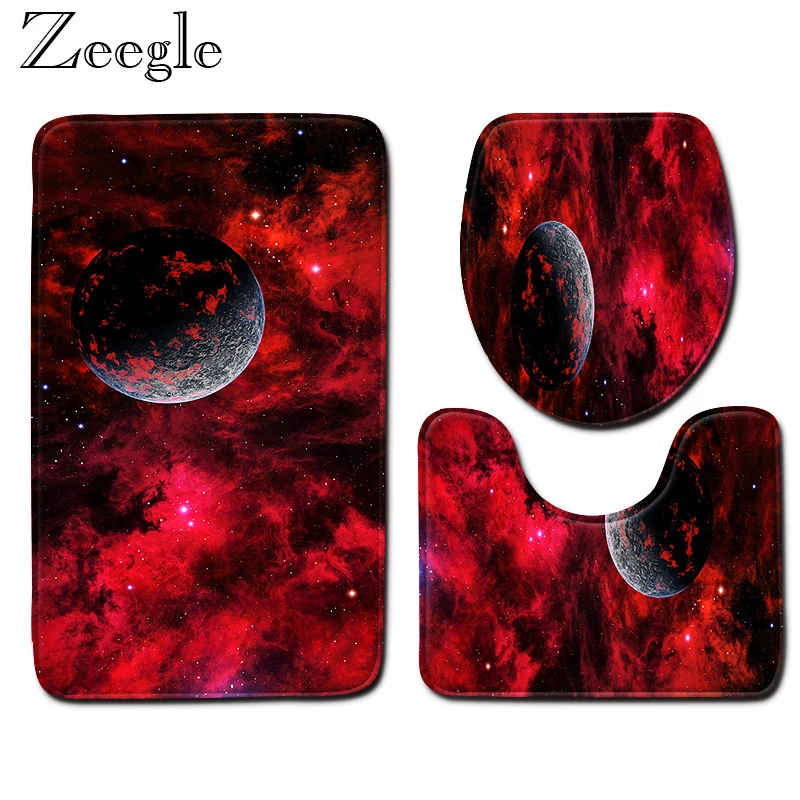 Zeegle Bath Mat Set Anti Slip Bathroom Doormat Shower Mat Soft Toilet Pedestal Rug Foot Mat 3D Universe Printed 3pcs Toilet Set