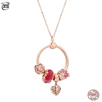 

925 Sterling Silver Letter O Pendant With Rose Gold Magical Forest Love Heart Leaf Charms Pink Beads Necklace Set Fine Jewelry