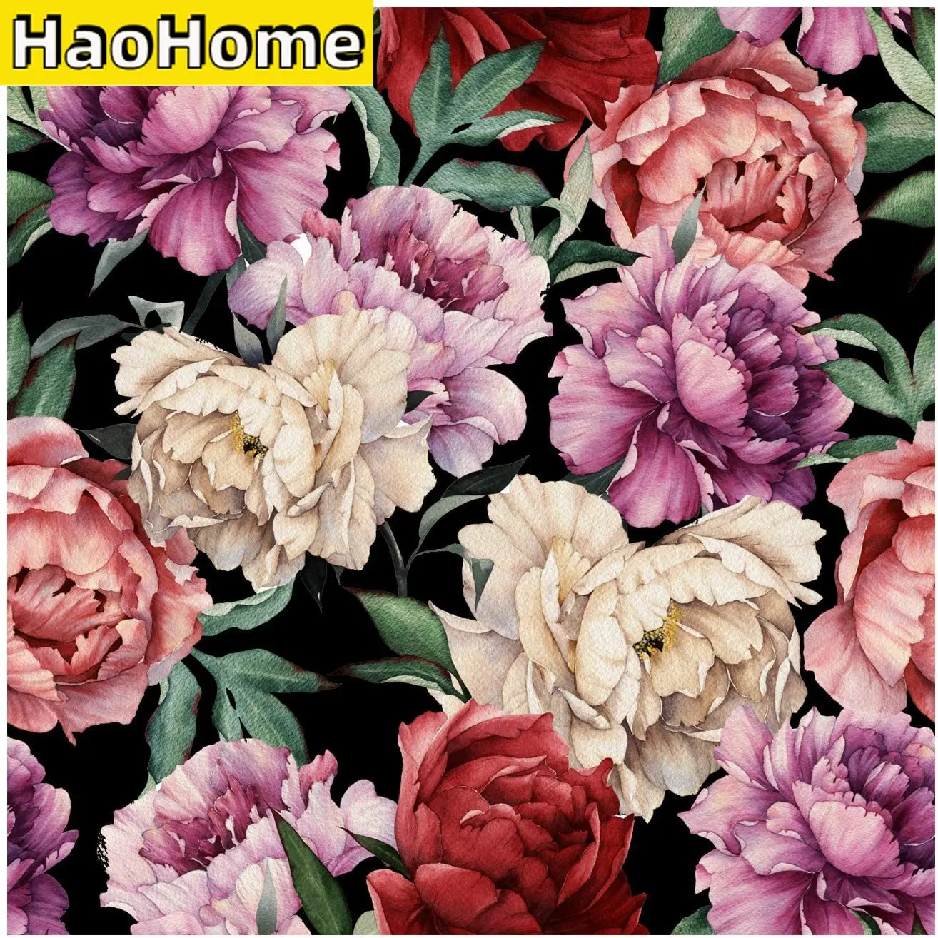 HaoHome Peel and Stick Removable Watercolor Muticolor Peony Self-Adhesive Prepasted Wallpaper Extra Thick Waterproof Wall Mural