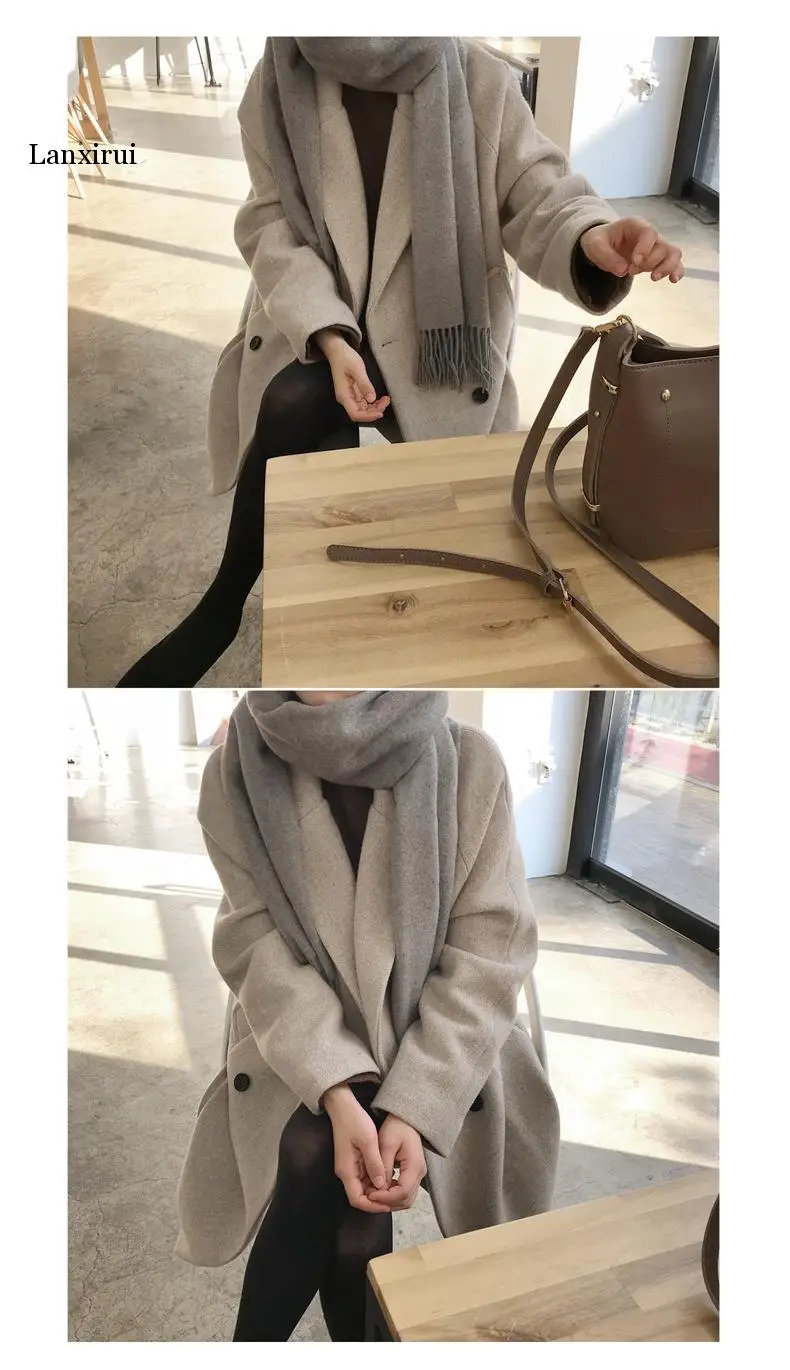 Женское пальто на каждый день, шерстяные однотонные куртки, блейзеры на осень и зиму, женское элегантное приталенное двубортное длинное пальто, Женское шерстяное пальто