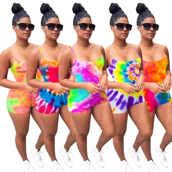 

2020 Summer Women's Jumpsuit European and American Sexy Style Model Tie-dye Print Slacks on the Back Casual Fashion
