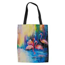 Хаоюань Для женщин льняные мешочки искусство закат Фламинго принты с узором для девочек, Сумки из натуральной кожи Модная, сумка, шоппинга, симпатичная женская обувь животных холщовых сумок