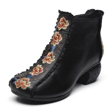 

New Beautifully Embroidered Genuine Leather Boots Black Shoes Autumn Boots Thick Heel Warm Winter Boots Women Shoe Fashion Boots