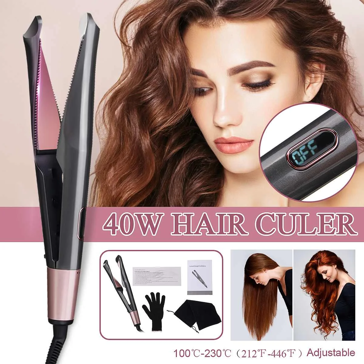 

2 in 1 Professional Twist' Hair Curling & Straightening Straightener Curler Tool LCD Display Temperature 360 Degree Swivel Wire