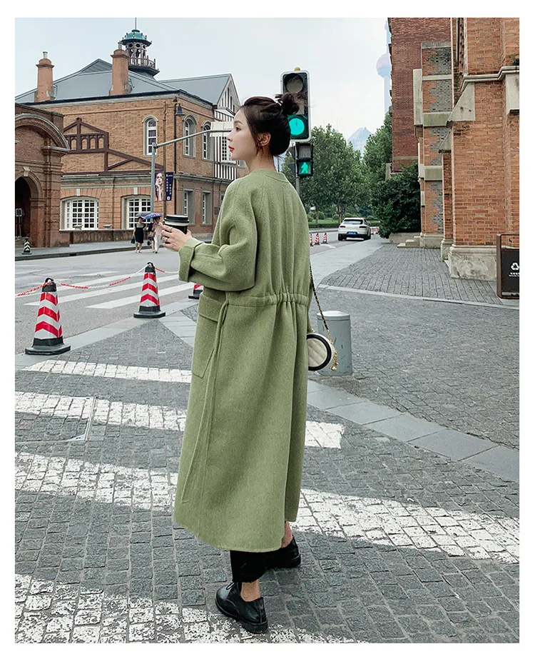 Acz19 Winter Hat Removable Shoulder Green Woolen Jacket Korean-style Loose And Plus-sized Hooded Long Woolen Overcoat