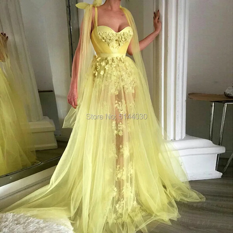 

Yellow Muslim Evening Dresses 2019 A-line Sweetheart Tulle Lace Long Islamic Dubai Saudi Arabic Long Formal Evening Gown