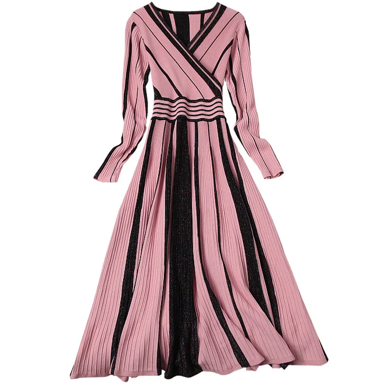 Женское осенне-зимнее платье трапециевидной формы с v-образным вырезом, элегантное Полосатое трикотажное платье с люрексом и длинным рукавом, новинка, розовое, бежевое