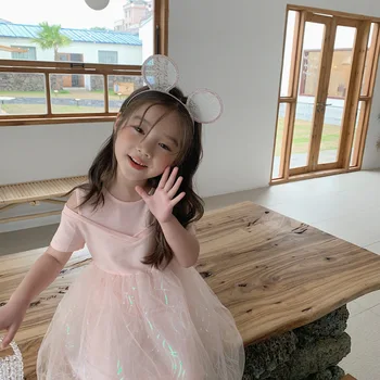 

2020 Summer New Girls Knitted Glitter Veil Dress Toddler Children Fake Two-Piece Princess Short Sleeve Lace Dresses