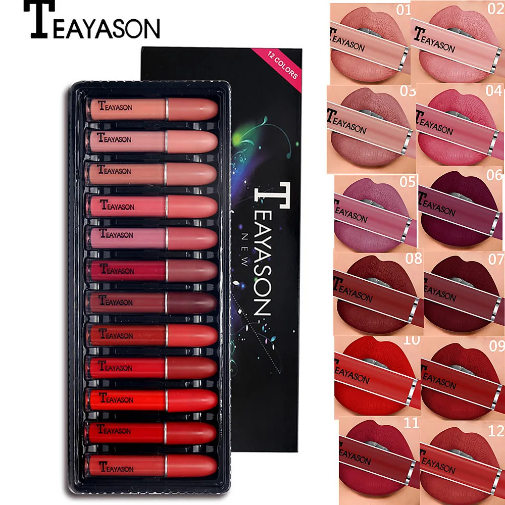 

12pcs/set Matte lip glaze set with long-lasting moisturizing non-decolouring lip gloss waterproof bullet lipstick cosmetics