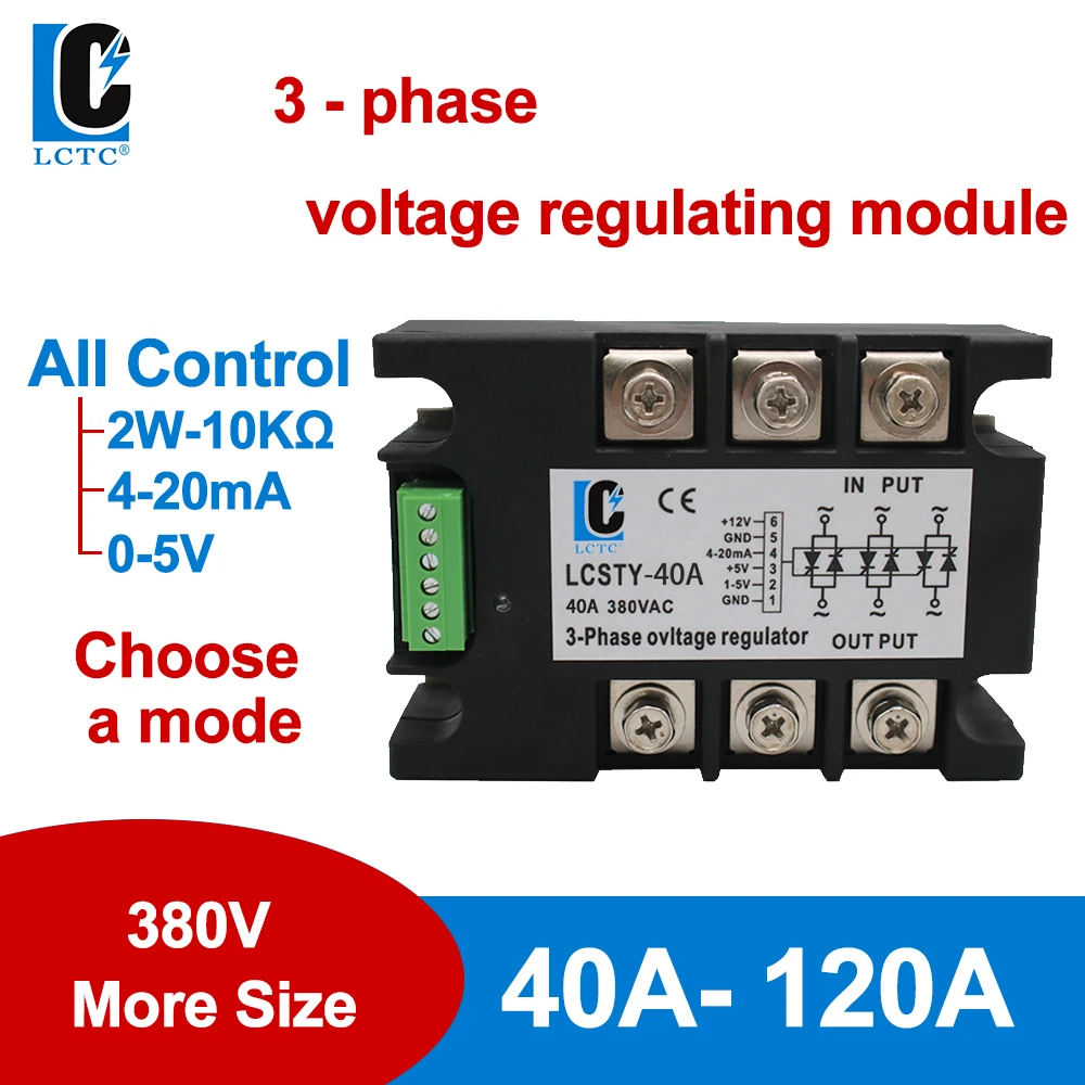 

380VAC 40A-120A Three Phase Voltage Regulator Power Controller Module 4-20mA 1-5V potentiometer control