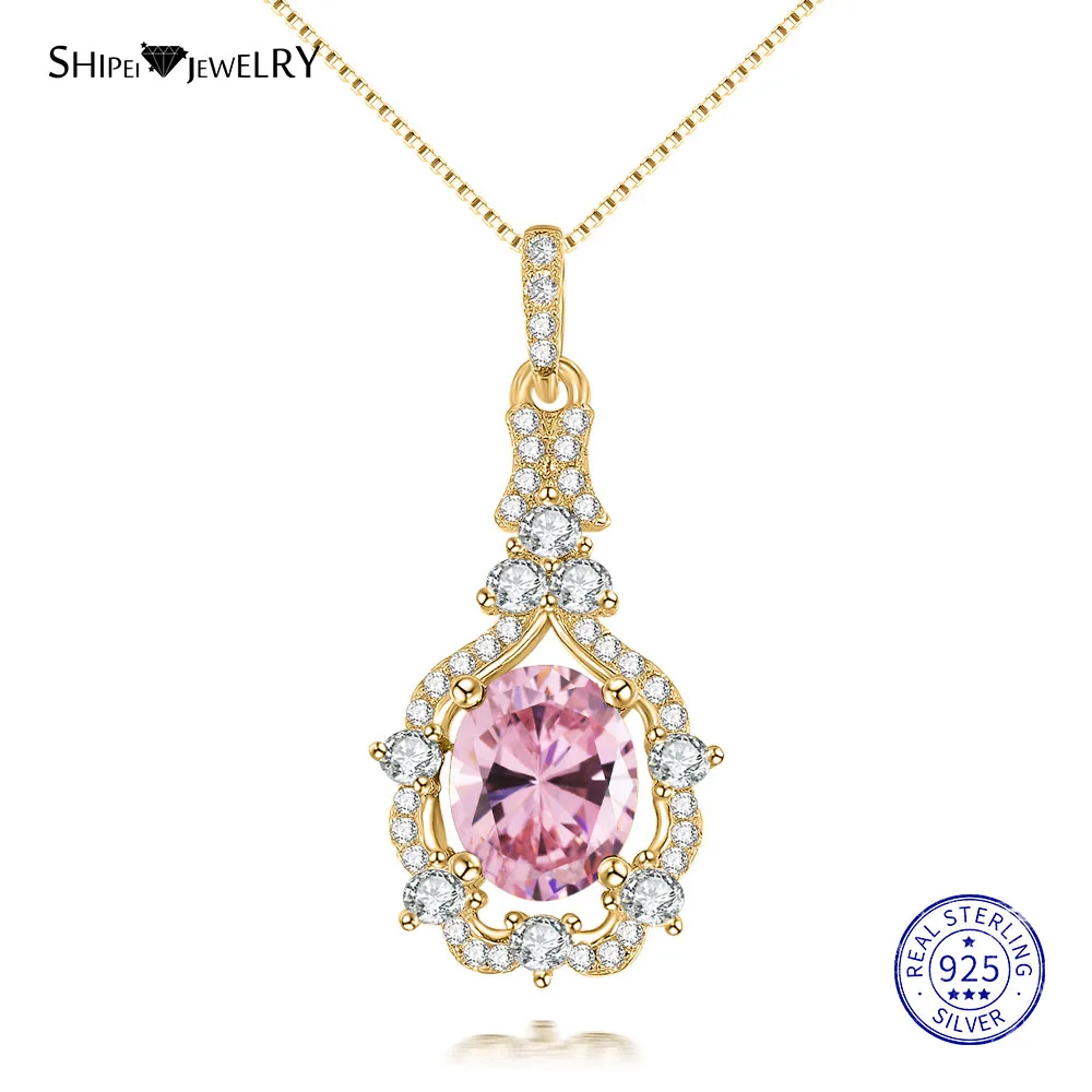YellowGold-Pink Shipei стерлингового серебра 925 ювелирные изделия Овальный Изумрудный Сапфир, рубин Водолей Кулон ожерелье для женщин подарок на день рождения - Цвет камня: YellowGold-Pink