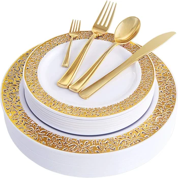 

Home and Living Disposable Gold Rim Dinnerware Set for Parties Wedding Buffets Services for 20 Guests