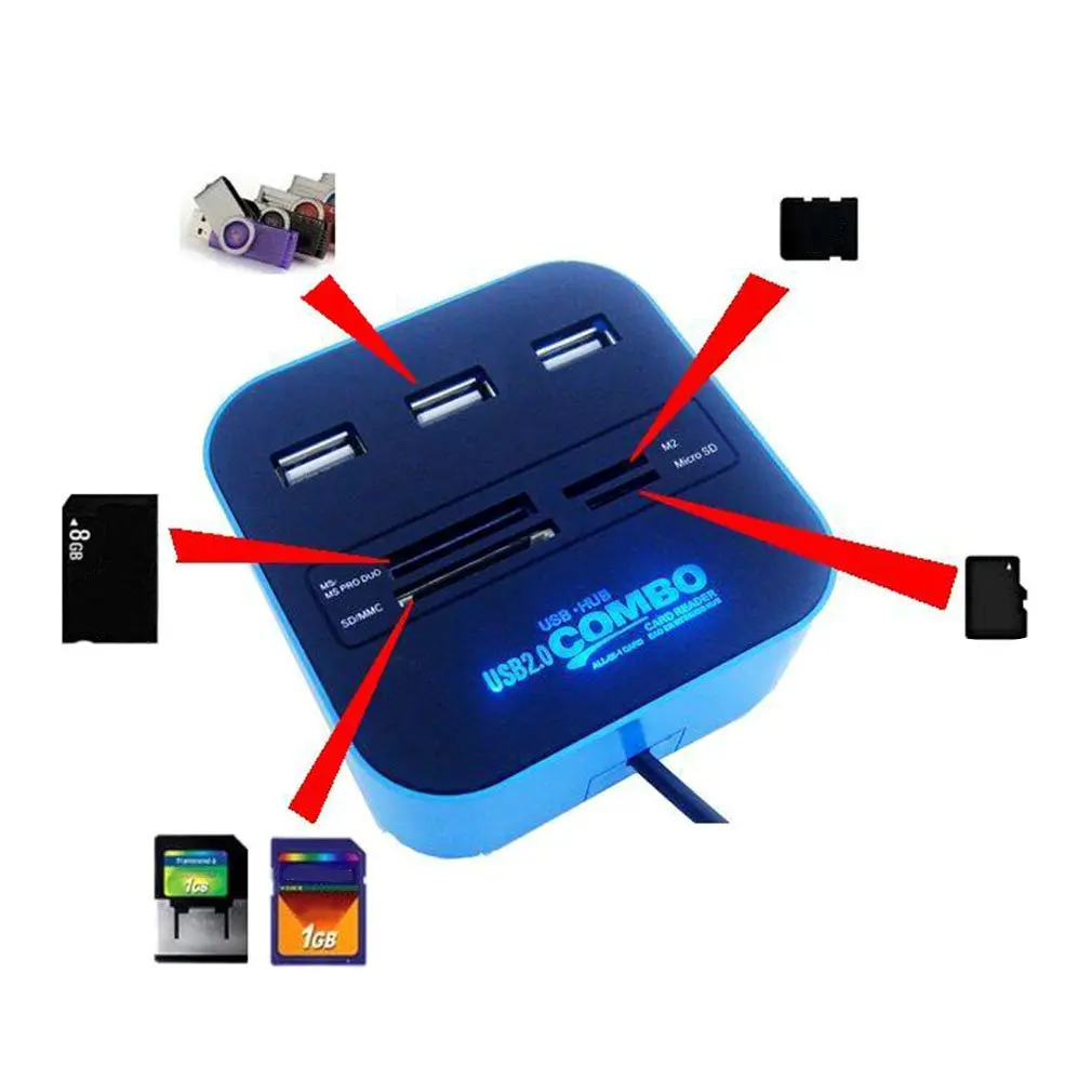 1 шт. USB 2,0 хаб комбинированный все в одном мультикардридер с 3 портами для MMC/M2/MS синий цвет C1