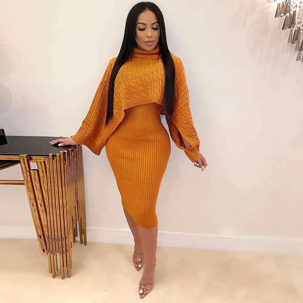 Women Two Piece Sets Turtleneck Knitted Pullover Cloak Sweater &amp Spaghetti Strap Bodycon Dress Spring Fall Chic Suit Plus Size | Женская
