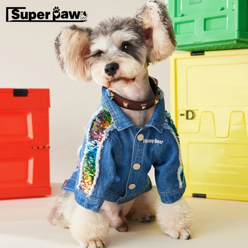 

Fashion Dog Shiny Demin Jacket Wear Winter Warm Clothing Sweater For Small Medium Dogs Schnauzer Pug Hoodie Jeans Coat YHC45
