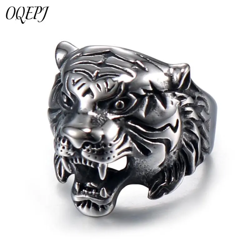 Best OQEPJ Vintage Animal King Tiger Head Shape Rings 316L Stainless Steel Animal Ring Animal Men Ring Personality Unique Jewelry