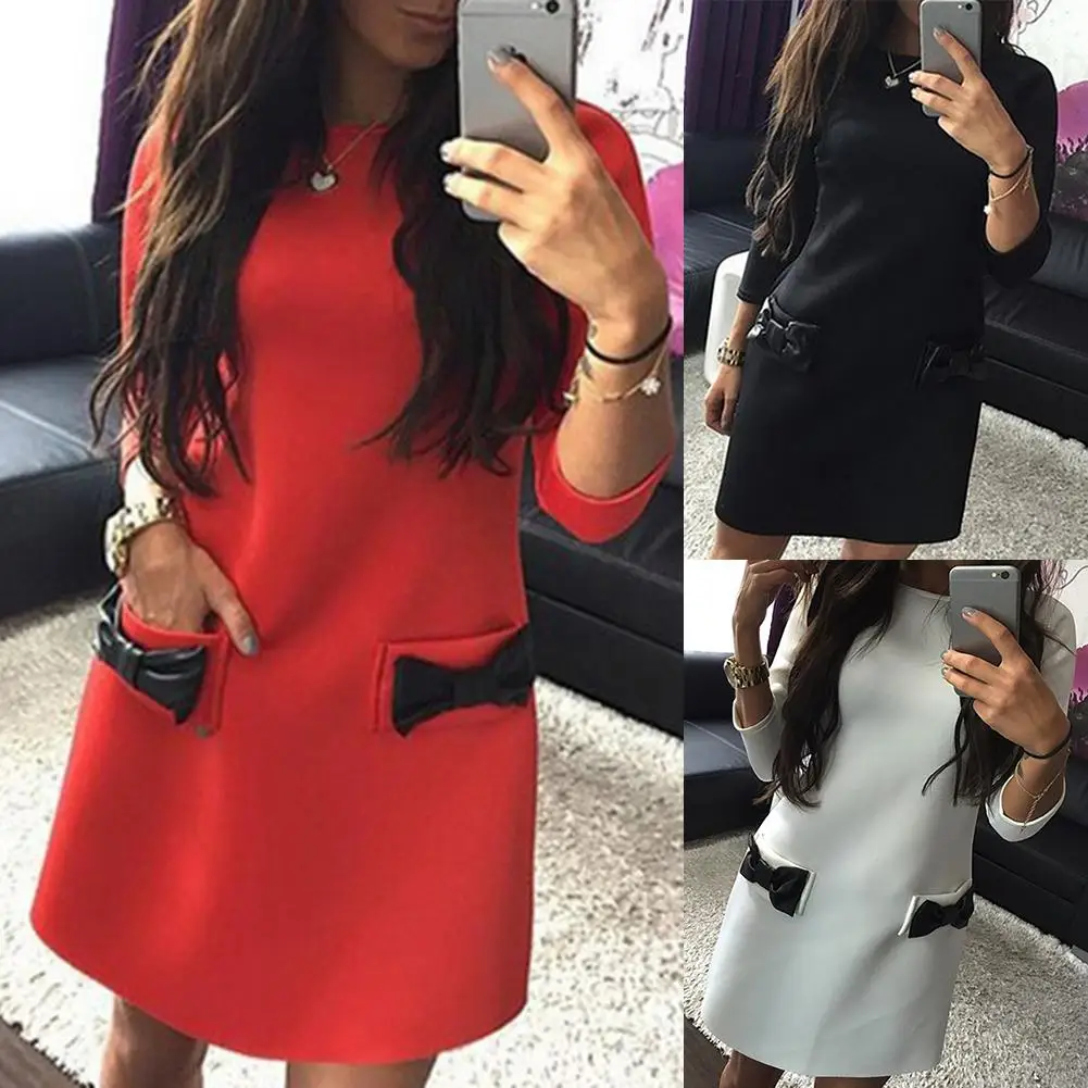

2020 Fashion Solid Color Bowknot P-ocket 3/4 Sleeve Round Neck Mini Party Dress Night Party Outwear Xmas Gift For Women Friend