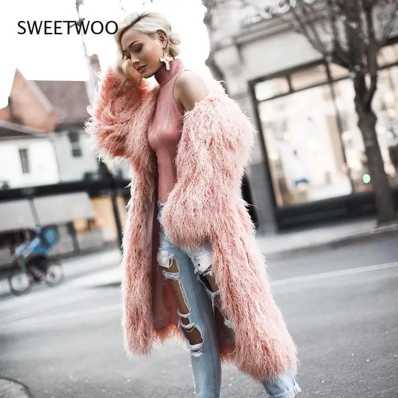Long Pink Furry Faux Fur Coat Women White Thick Warm Coat Outerwear Autumn Winter Fluffy Shaggy Coat Jacket Overcoat