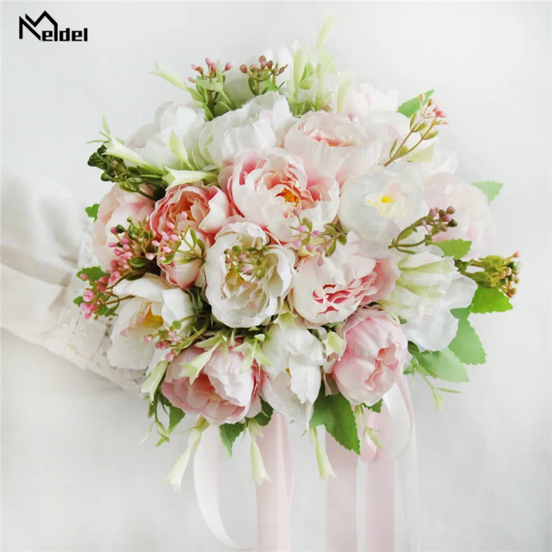 Meldel Bridal Wedding Bouquet Flower Bridesmaids Holder Artificial Silk Peony Pink Flower Bouquet Handmade Peony Wedding Decor
