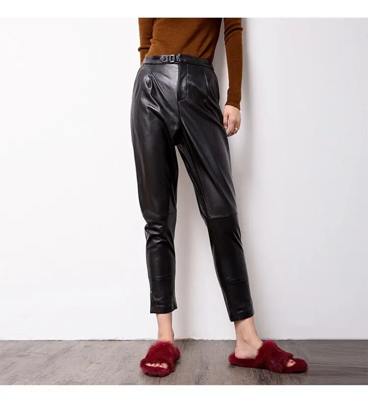 Women pants genuine sheep leather pants High waist black harem pants Elastic belt waist Trousers new fashion