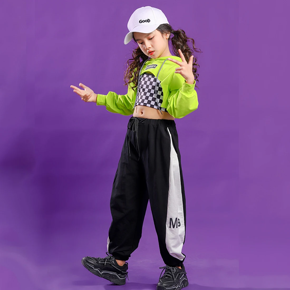 Lolanta Girls Hip Hop Dance Clothes Green Crop Top Or Black Green Pants /  Plaid Vest Children Streetwear Performance Costume