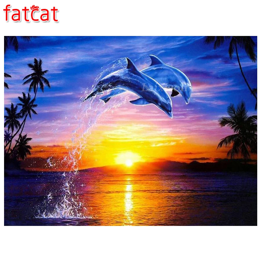 FATCAT DIY 5D алмазная живопись мозаика закат и дельфины живописная Алмазная вышивка