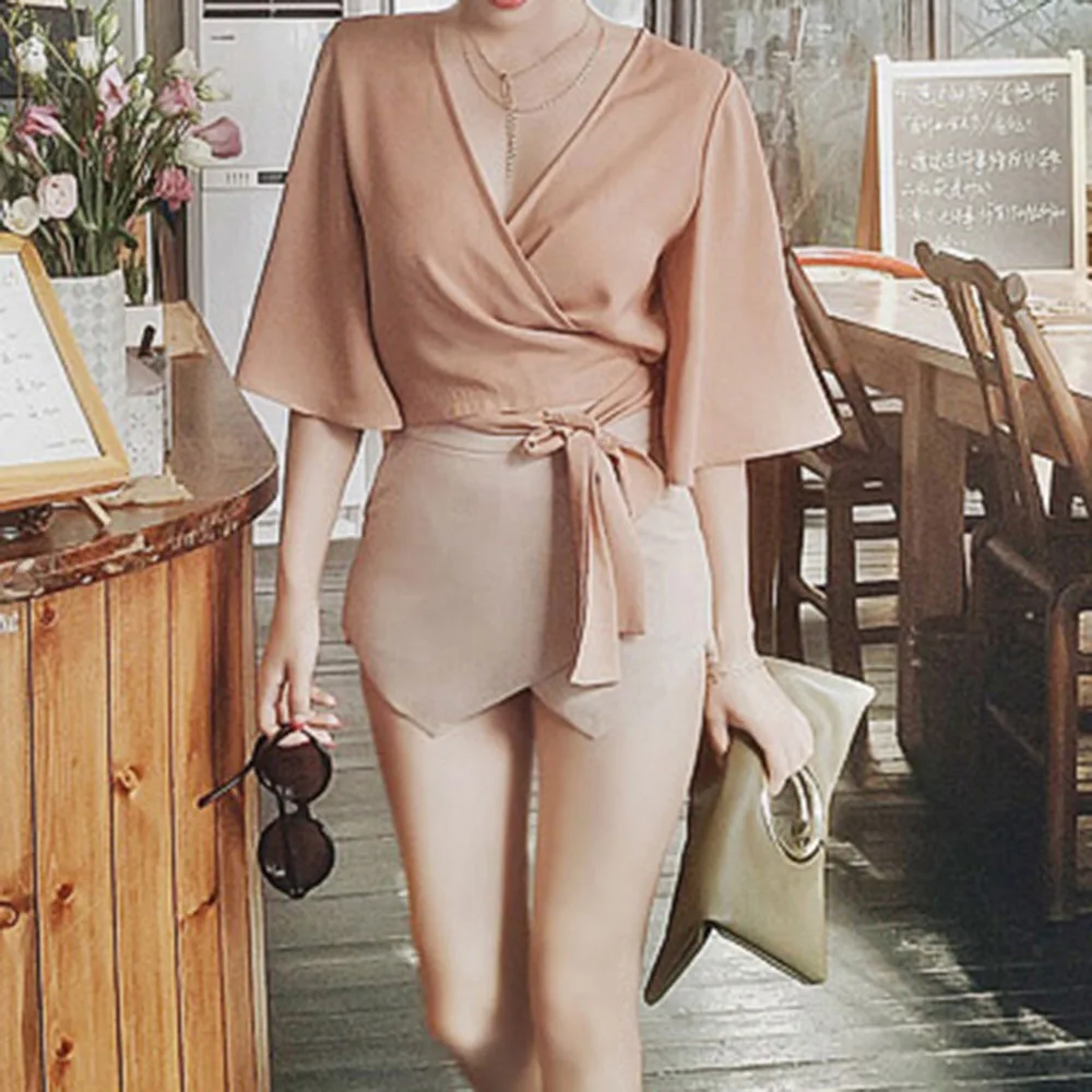 Korean Women Blouse Sexy V-neck Cross Short Wild Chiffon Shirt  Flare Sleeve Fashion OL Elegant Casual Criss-cross Bow Tops