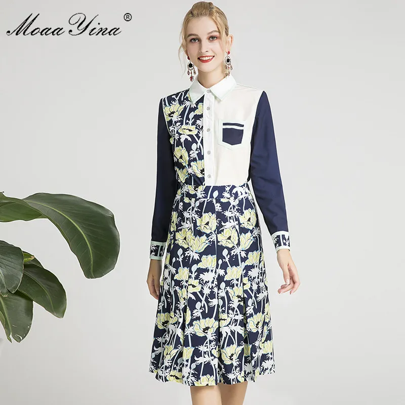 

MoaaYina Fashion Designer Suit Spring Summer Women Long sleeve Floral-Print Shirt Tops+Knee-Length Skirt Two-piece set