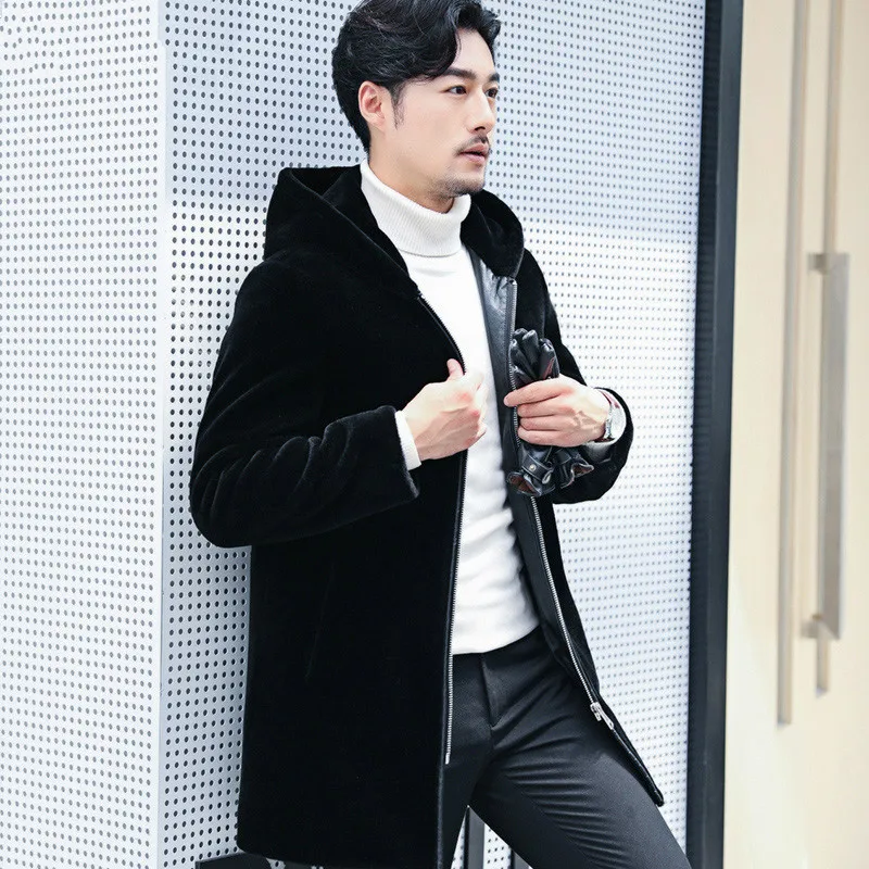 

Natural Sheep Shearling Fur Coat Winter Jacket Men Real Wool Fur Coat Hooded Warm Coats and Jackets 12CHA180801Y MY752