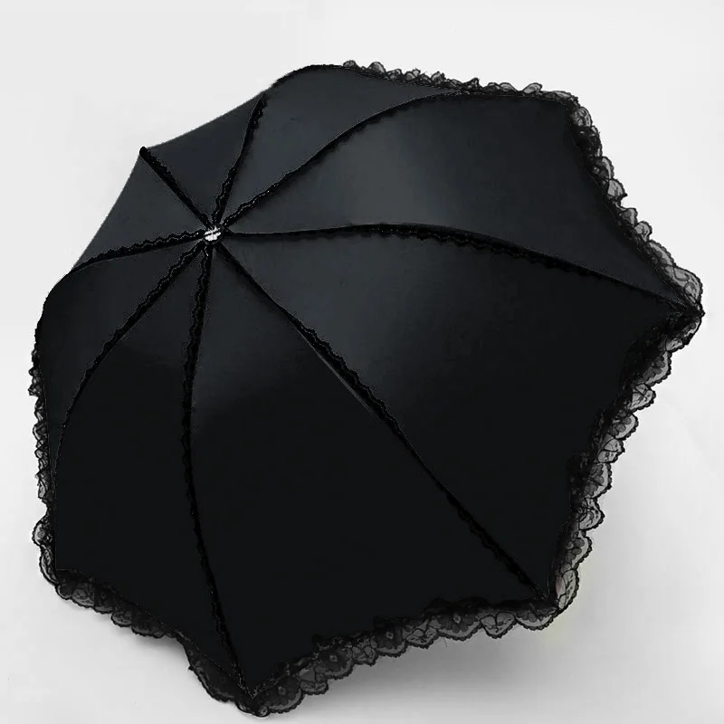 laço preto feminino chuva uv proteção solar princesa feminino casamento portátil ao ar livre forte prova de vento paraguas