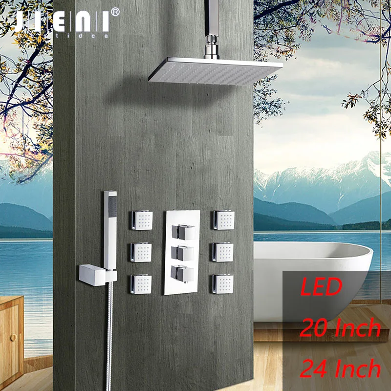 

JIENI LED 20 24 Inch Shower Head Square Chrome Brass Message Jets Shower Set Wall Mounted Rainfall Bathroom Kit Hand Shower