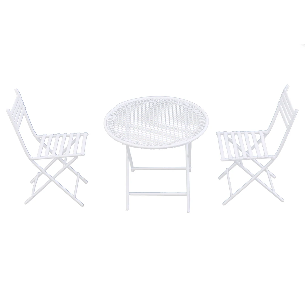 European Style Miniature Metal White Table Chair for 1/12 Dolls House Room Garden Furniture