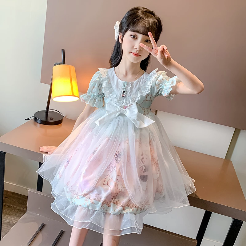 Princess Lolita Skirt Girls Summer New Western Children Cartoon Dress Short Sleeve Puffy Tulle Skirt cute kids loli clothes