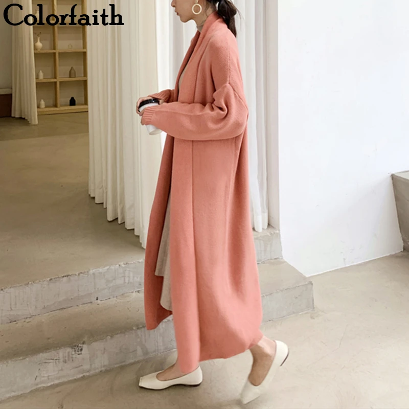 Colorfaith, новинка, Осень-зима, женские куртки, вязанная верхняя одежда, английский стиль, элегантный однотонный длинный кардиган, топы SWC1863