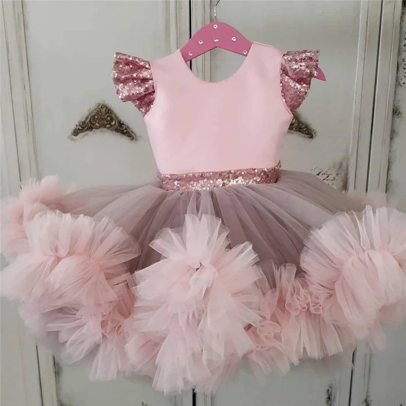 194New Pink Baby Girls Dresses Knee Length Puffy Girls Toddler Infant Birthday Dresses Tutu Cloth Size 12m 18m 24M