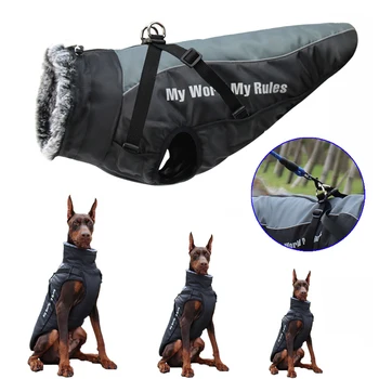 

Waterproof Large Dog Clothes Winter Dog Coat With Harness Furry Collar Warm Pet Clothing Big Dog Jacket Labrador Bulldog Costume