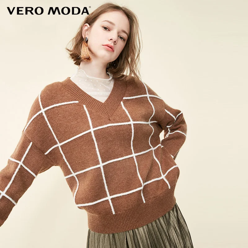 Vero Moda зимний женский клетчатый свитер с v-образным вырезом | 319113532
