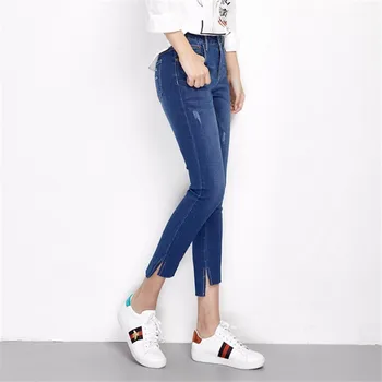 

New Women Skinny Clothing Autumn Large Size Step-Hem Cuffs Ripped Scratched Pencil Jeans Woman Blue Denim Leggings L 5XL 6XL