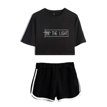 

Be The Light print Two Piece Suit 2019 Summer Grils Cotton T shirt Shorts Set Crop Fashion Tops+Shorts Outfits