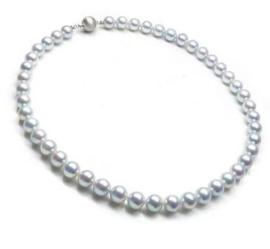Free Shipping Luminous AAA 8.5-9mm Round Genuine Akoya Silver Pearl Necklace 14k White Gold