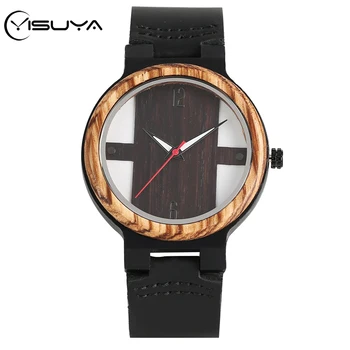 

YISUYA Handmade Natural Quartz Wood Watches Unique Corss Display Dial Watch Genuine Leather Band Watch for Male Top Luxury Gifts