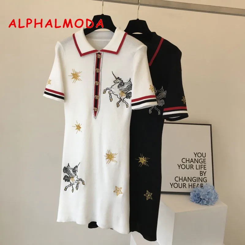

ALPHALMODA French Retro Embroidery Pattern Dress Polo Collar Short-sleeved 2019 Early Autumn Ladies Fashion Knitting Dress