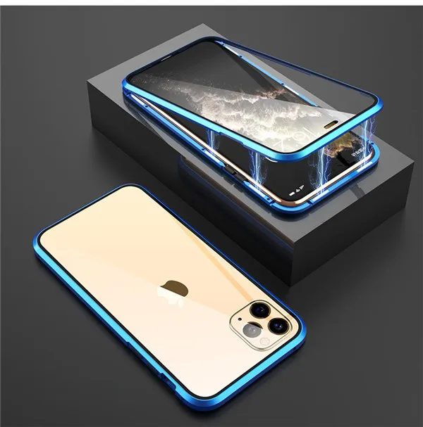 360 металлическое двойное закаленное стекло чехол для телефона iPhone11 11 Pro XR XS MAX 7 8 6 6S Plus чехол с магнитной адсорбцией чехлы чехол на для айфон11 11 Pro Max xr xs max 7 8 6 6s плюс - Цвет: blue