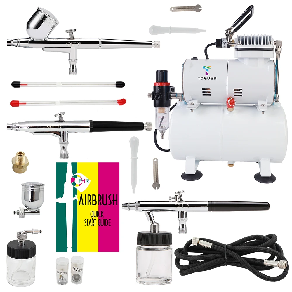 OPHIR Professional 3-Airbrushes Dual Action 0.3mm 0.35mm 0.5mm Air Tank Compressor Kit for Body Paint Tattoo AC134+004A+072+074