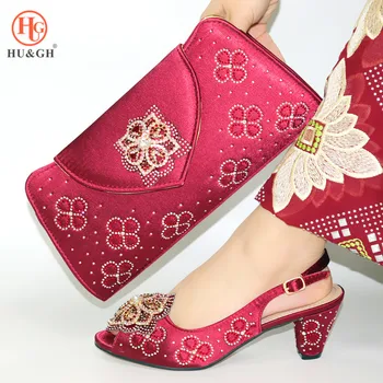 

Red Color Shoe Matching A Bag Set African Women Wedding Shoes Italy Decorated with Rhinestone Designs Shoes And Bag Set Nigerian