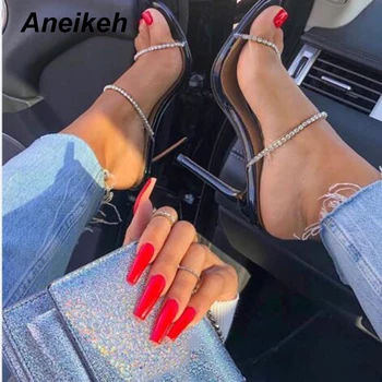 

Aneikeh NEW Summer 2020 Classic Rhinestone PVC Sandals Women Slingback Slippers Sandals Heel Thin High Heels Party Shoes Pumps