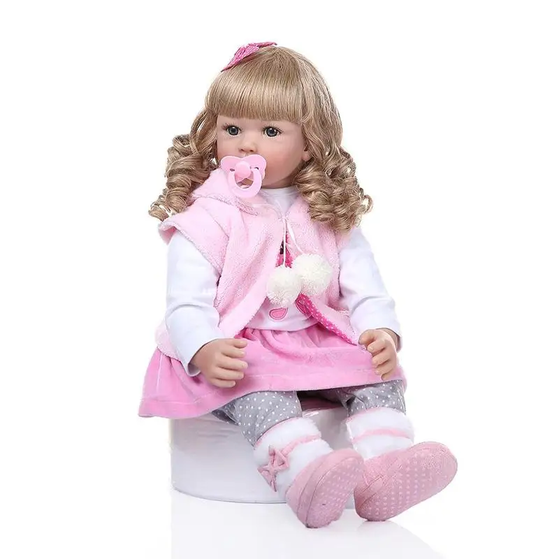 24 Inch Girl Golden Curls with Pink Vest 60 cm Baby Toy Full Body Soft Silicone Doll Toy Kid Playmate Classic Toy