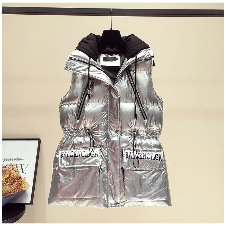 silver waistcoat MUMUZI, весенний зимний женский жилет,, женский жилет без рукавов, куртка с капюшоном, теплый длинный жилет, пальто, Colete Feminino - Цвет: silver waistcoat