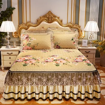 

Ou Ln the summer Ice silk mat lace bed skirt pillowcase dabal bed sheet bed sheet double bed with pillow cover Bedding set of 3