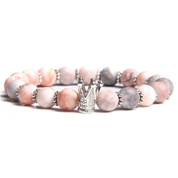 

Women Natural Pink Zebra Stone Beads Bracelet Fashion Pink Aventurine Watermelon Beaded Crown Charm Bracelet Jewelry Gifts